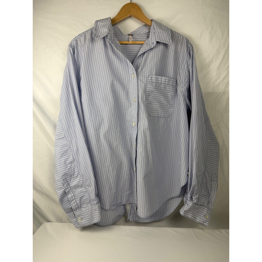 Free People M Blue White Stripe Open Back Tie Button Down Shirt